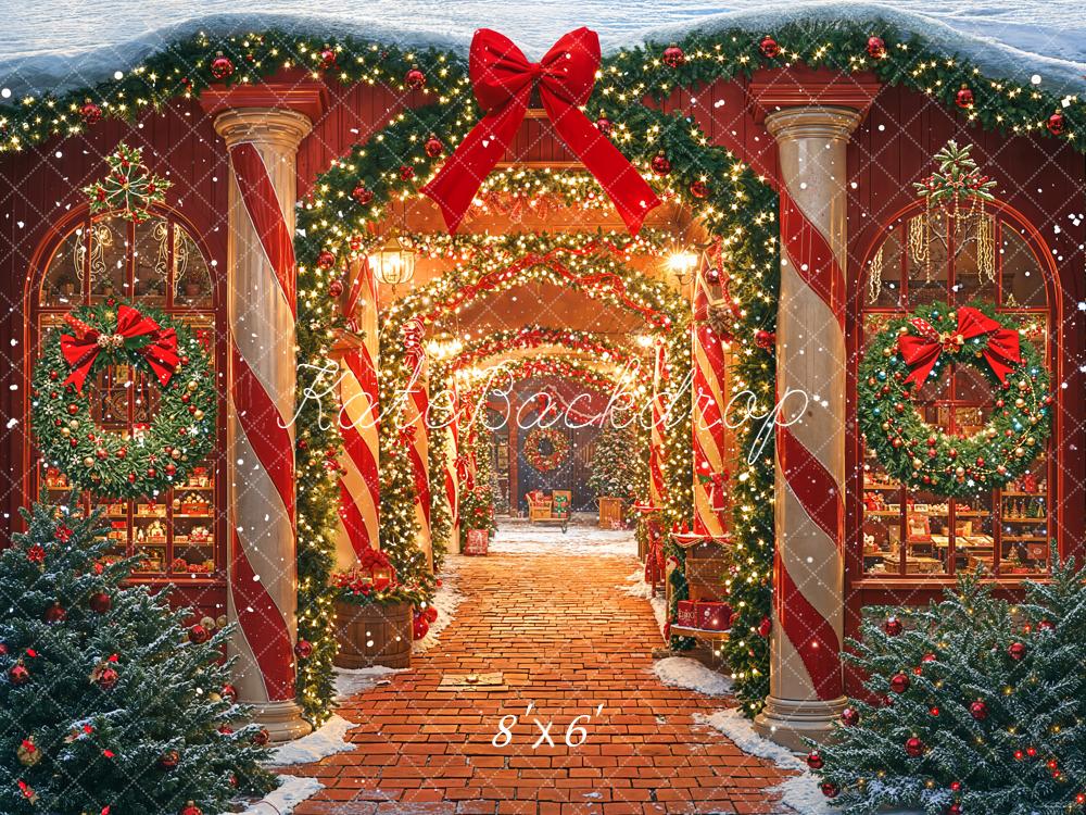 Kate Christmas Garland Wreath Red Bows Candy Cane Columns Path Backdrop Designed by Emetselch