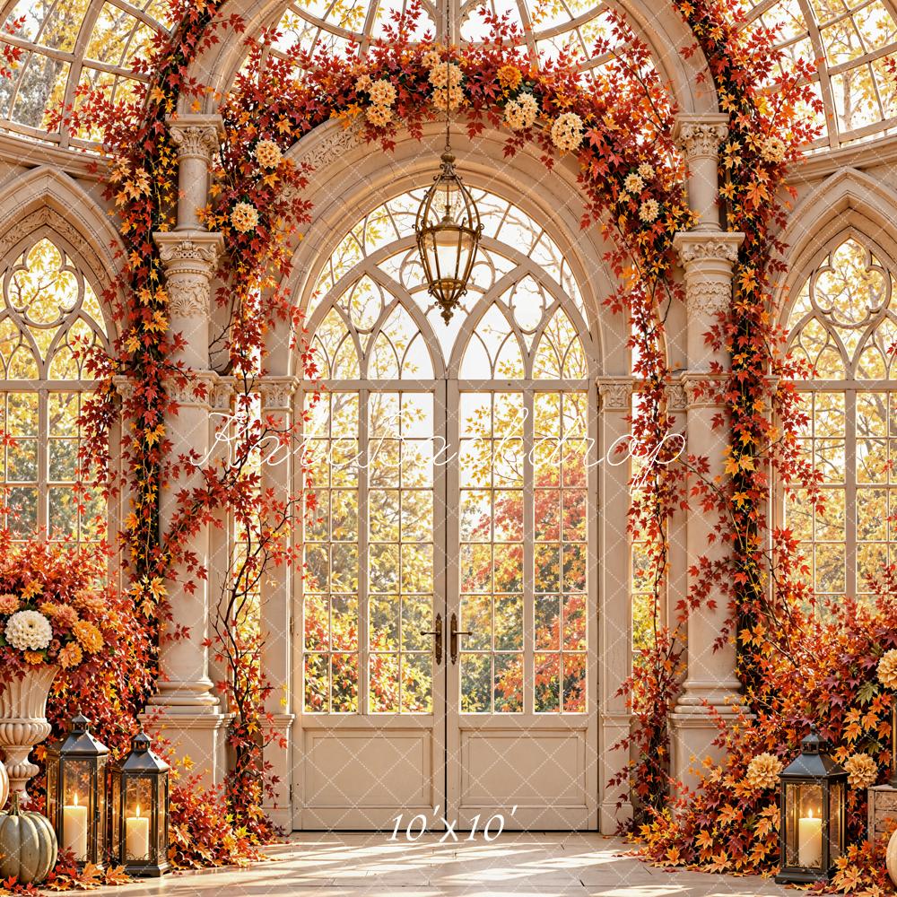 Kate Fall Gothic Greenhouse Pumpkins Flower Arch Orange Leaves Printed Backdrop Designed by Emetselch