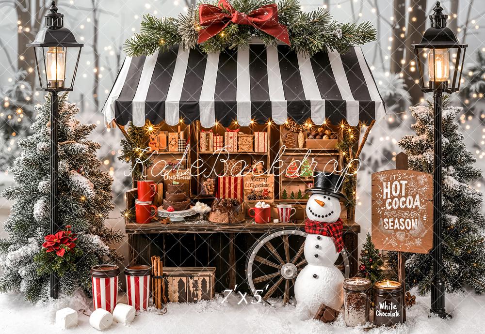Kate Christmas Hot Cocoa Stand Snowman Winter Trees Backdrop Designed by Emetselch