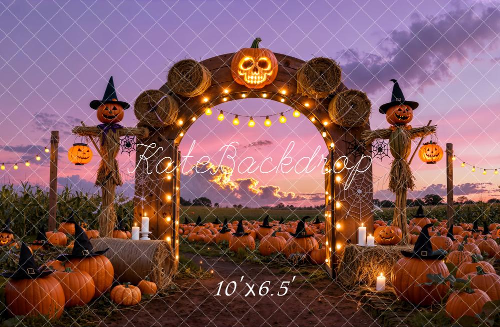 Kate Halloween Pumpkin Patch Arch Scarecrow Sunset Backdrop Designed by Emetselch