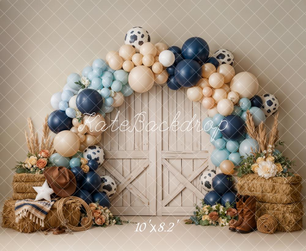 Kate Cake Smash Western Barn Door Balloon Arch Hay Bales Printed Backdrop Designed by Emetselch