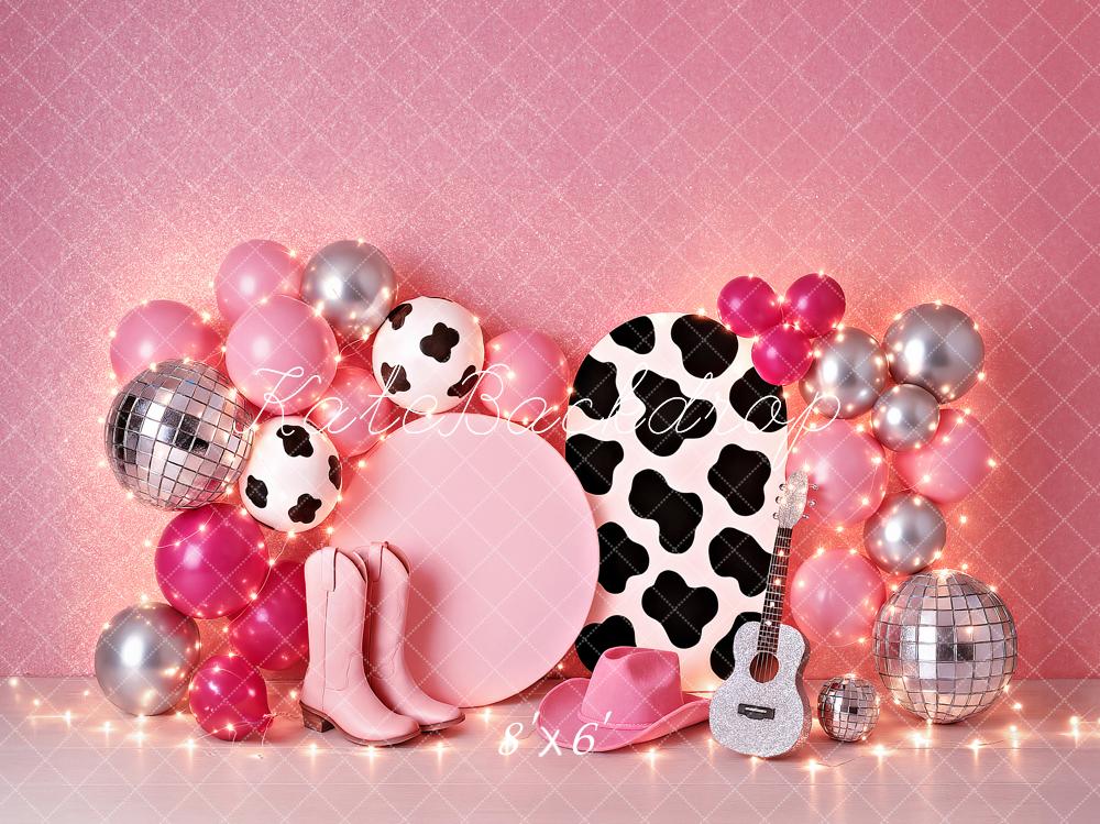 SALE Kate Birthday Cowgirl Pink Balloon Guitar Disco Backdrop Designed by Ashley Paul