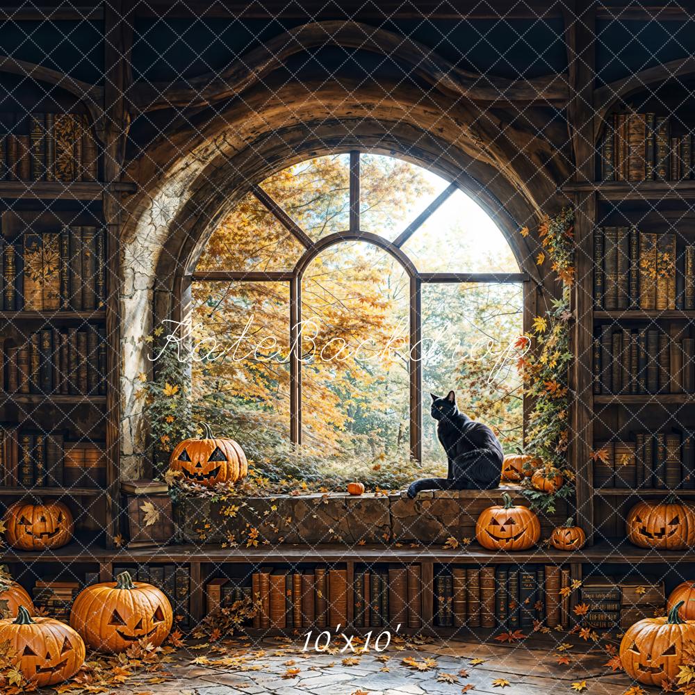 Kate Halloween Library Pumpkin Lanterns Window Backdrop Designed by Emetselch