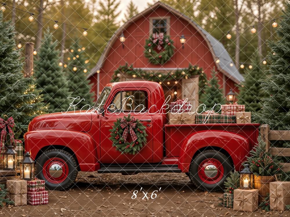 Kate Christmas Red Truck Barn Printed Backdrop Designed by Emetselch