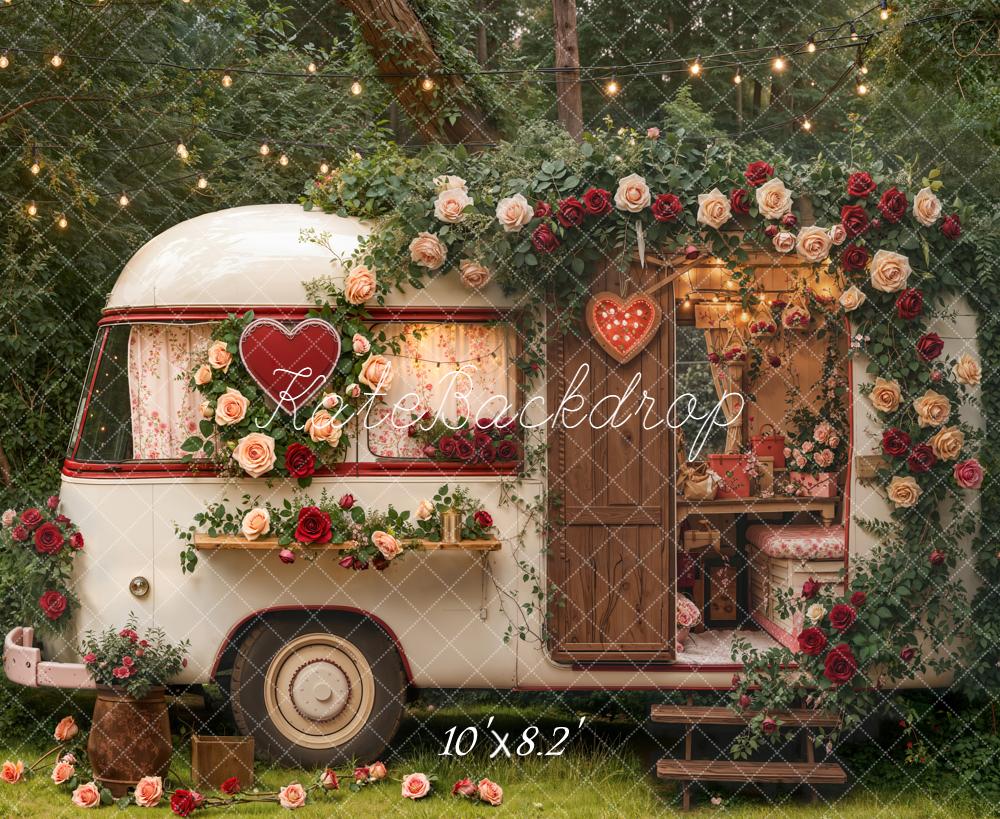Kate Valentine's Day Vintage Camper Floral Heart Garland String Lights Backdrop Designed by Emetselch