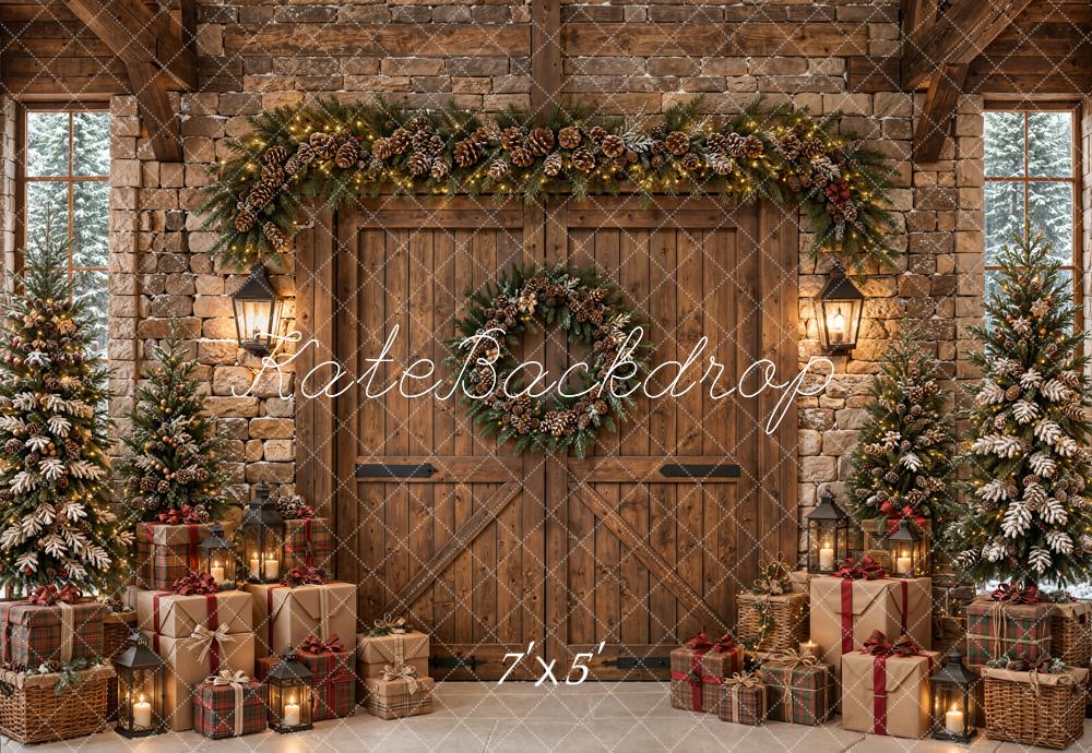 Kate Christmas Rustic Wood Barn Door Pine Trees Gifts Printed Backdrop Designed by Emetselch