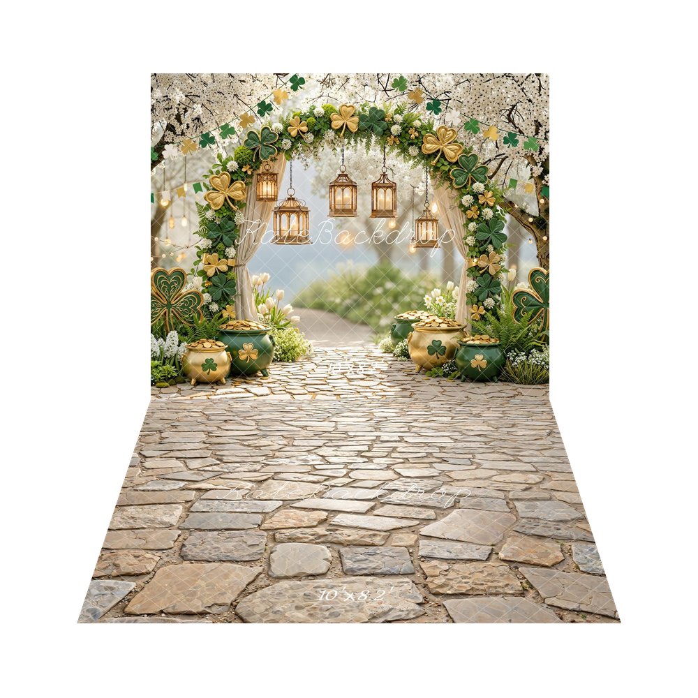 Kate Shamrock St. Patrick's Day Flower Arch Gold Pot of Gold Backdrop+Cobblestone Floor Backdrop