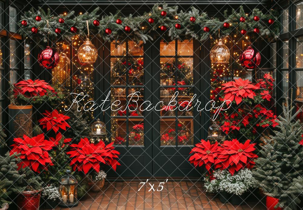 Kate Christmas Greenhouse Poinsettias Garland Lanterns Backdrop Designed by Mini MakeBelieve