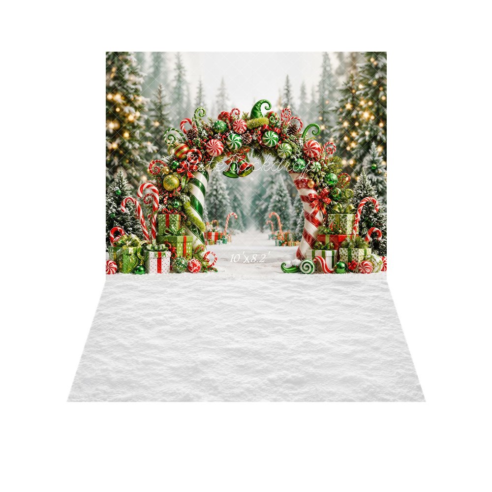 Kate Christmas Fantasy Green Candy Arch Forest Presents Printed Backdrop+White Snow Abstract Texture Printed Backdrop