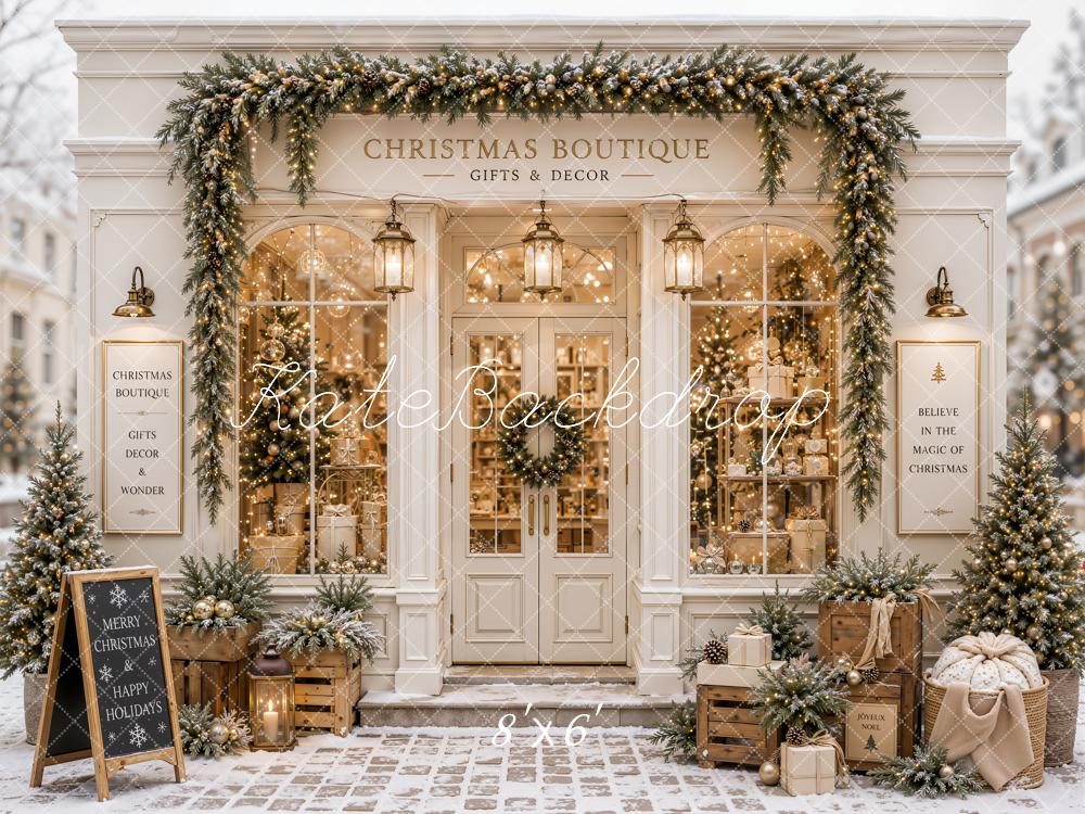 Kate Christmas Boutique Storefront Garland Gifts Printed Backdrop Designed by Emetselch