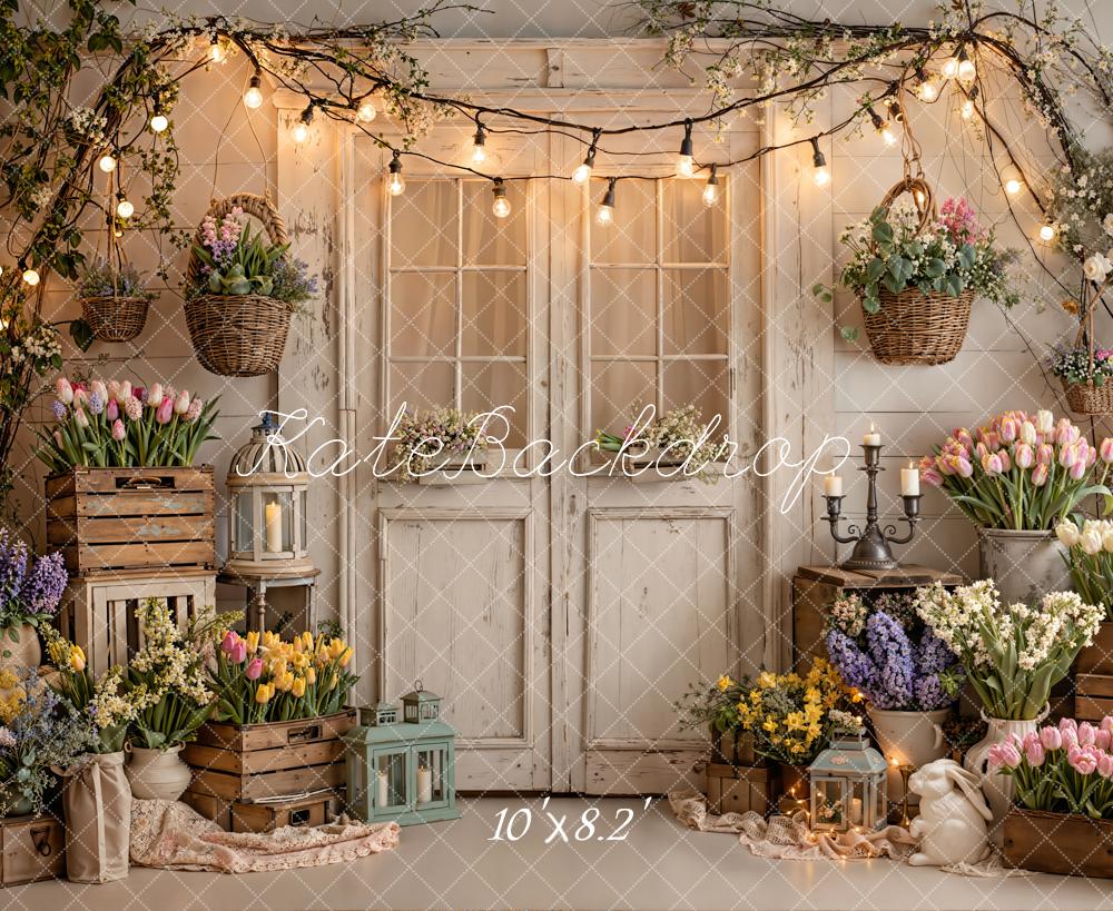 Kate Spring Flower Crates Rustic Door String Lights Backdrop Designed by Emetselch