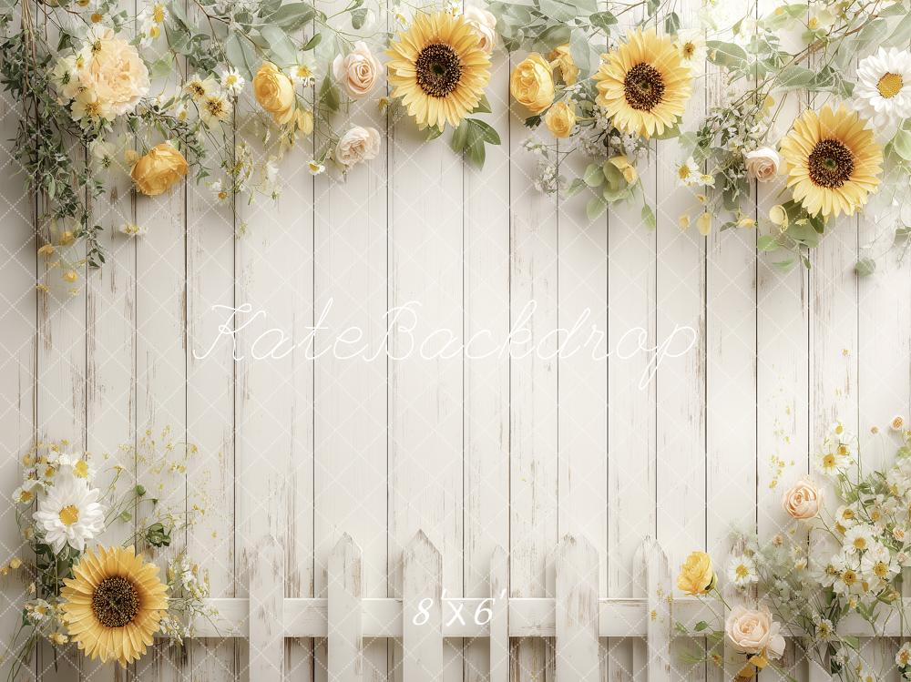 Kate Summer Sunflower Cream Rose White Picket Fence Printed Backdrop Designed by Angela Miller