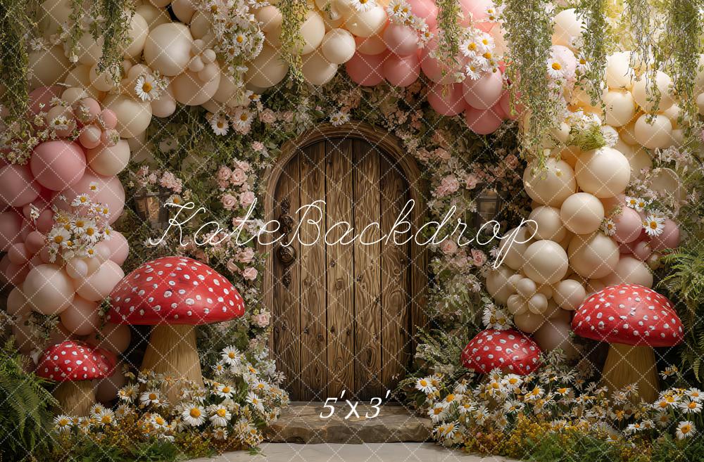 Kate Fairy Spring Balloon Arch Wooden Door Mushrooms Flowers Backdrop Designed by Ashley Paul