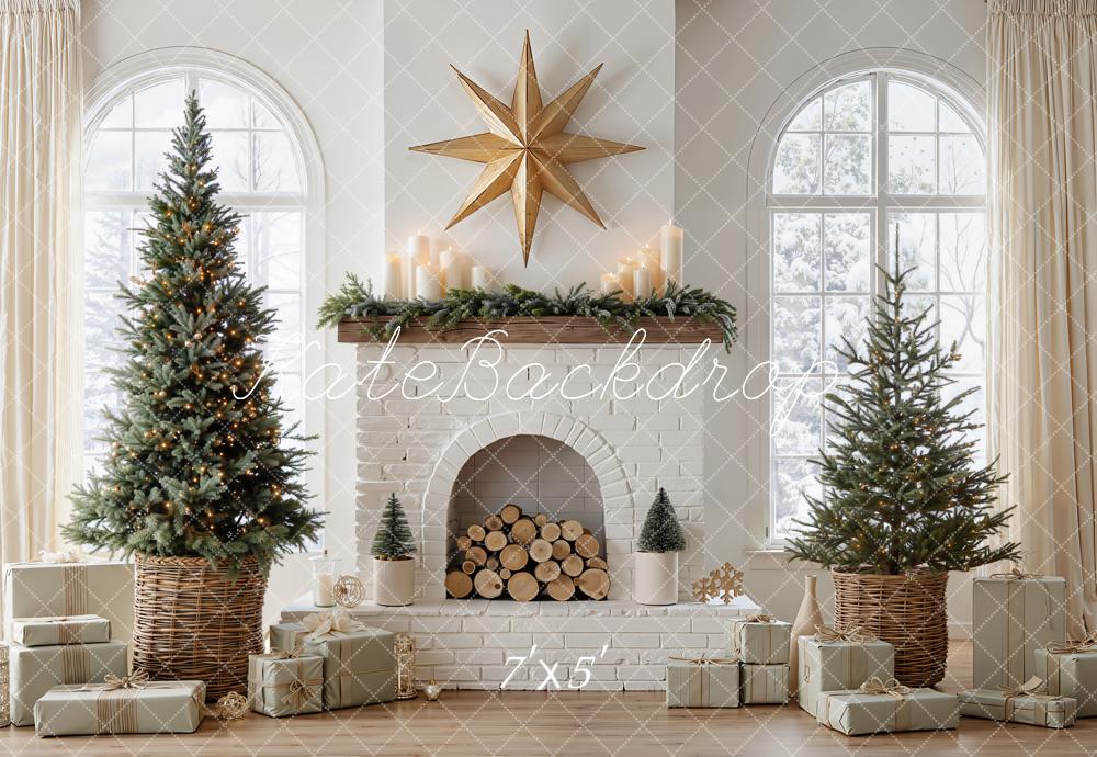 Kate Christmas Rustic White Brick Fireplace Trees Presents Window Printed Backdrop Designed by Emetselch