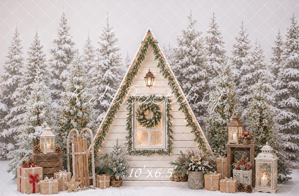 Kate Christmas Rustic Cabin Snowy Trees Lanterns Gifts Printed Backdrop Designed by Emetselch
