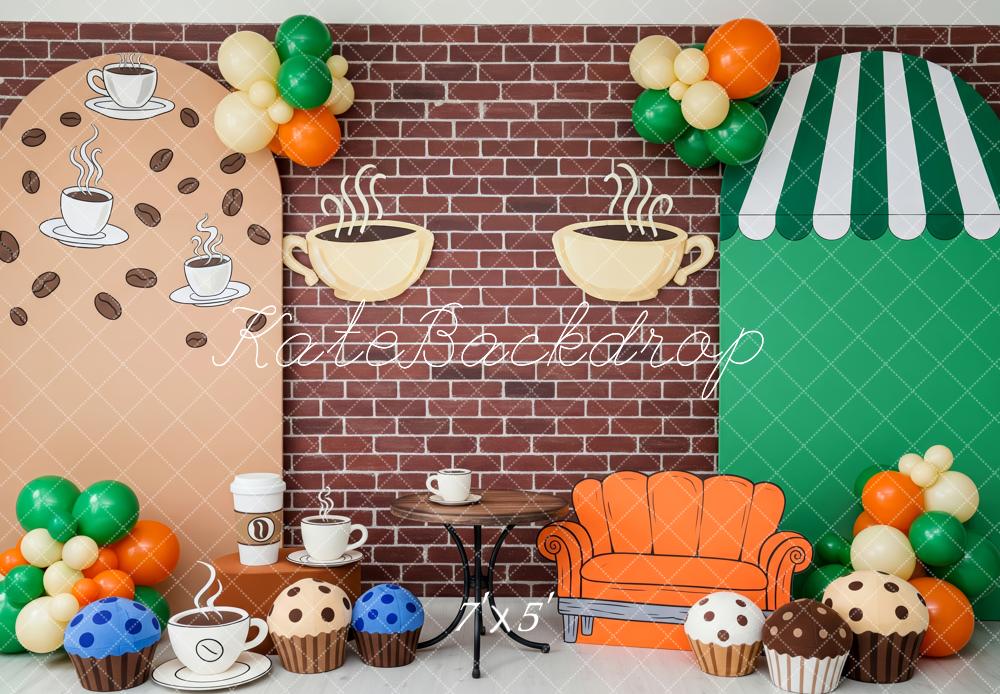 Kate Cake Smash Coffee Shop Brick Wall Cups Muffins Couch Backdrop Designed by Patty Roberts