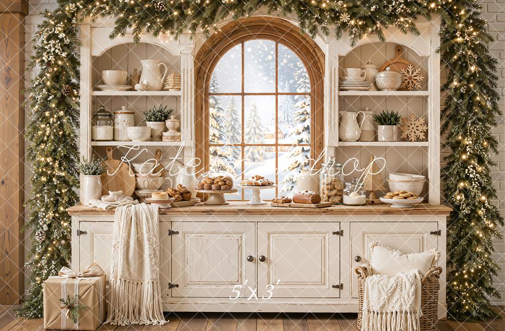Kate Christmas Kitchen Cabinet White Window Garland Blanket Printed Backdrop Designed by Emetselch