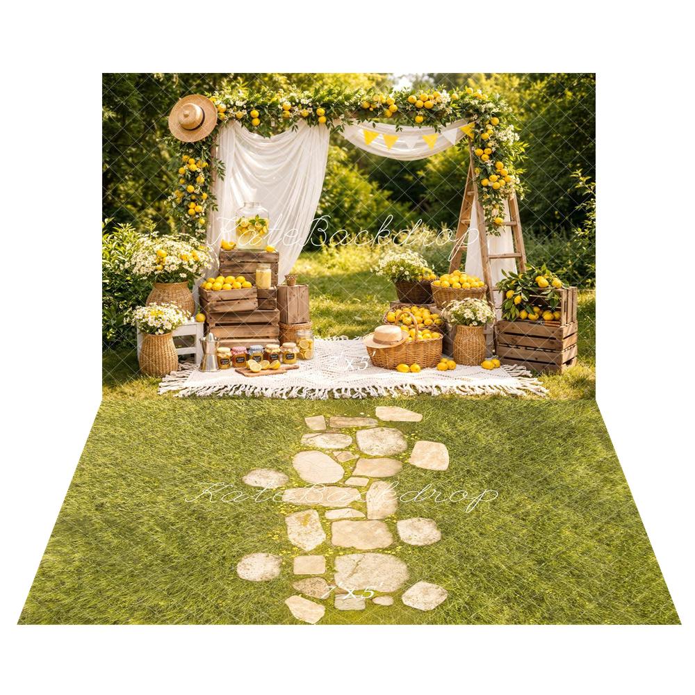 Kate Summer Lemon Flower Arch Picnic Baskets Crates Printed Backdrop+Stone Pathway in Green Meadow Printed Backdrop