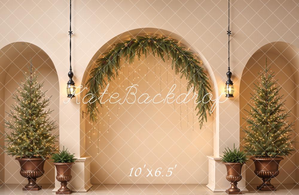 Lightning Deal Kate Christmas Arched Wall Minimalist Greenery Trees Lanterns Printed Backdrop Designed by Emetselch