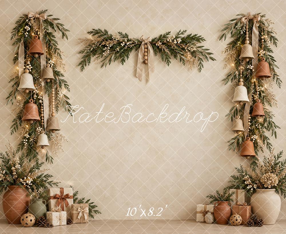 Kate Christmas Boho Bells Greenery Neutral Gifts Printed Backdrop Designed by Vertigo Productions