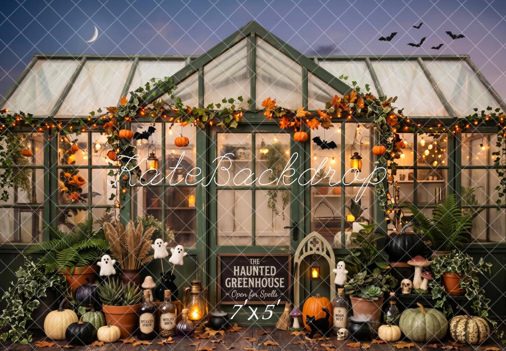 Kate Halloween Haunted Greenhouse Pumpkins Leaves Printed Backdrop Designed by Patty Roberts