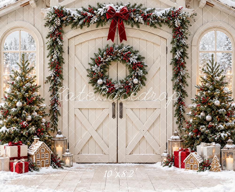 Kate Christmas White Barn Door Garland Wreath Snowy Trees Printed Backdrop Designed by Emetselch