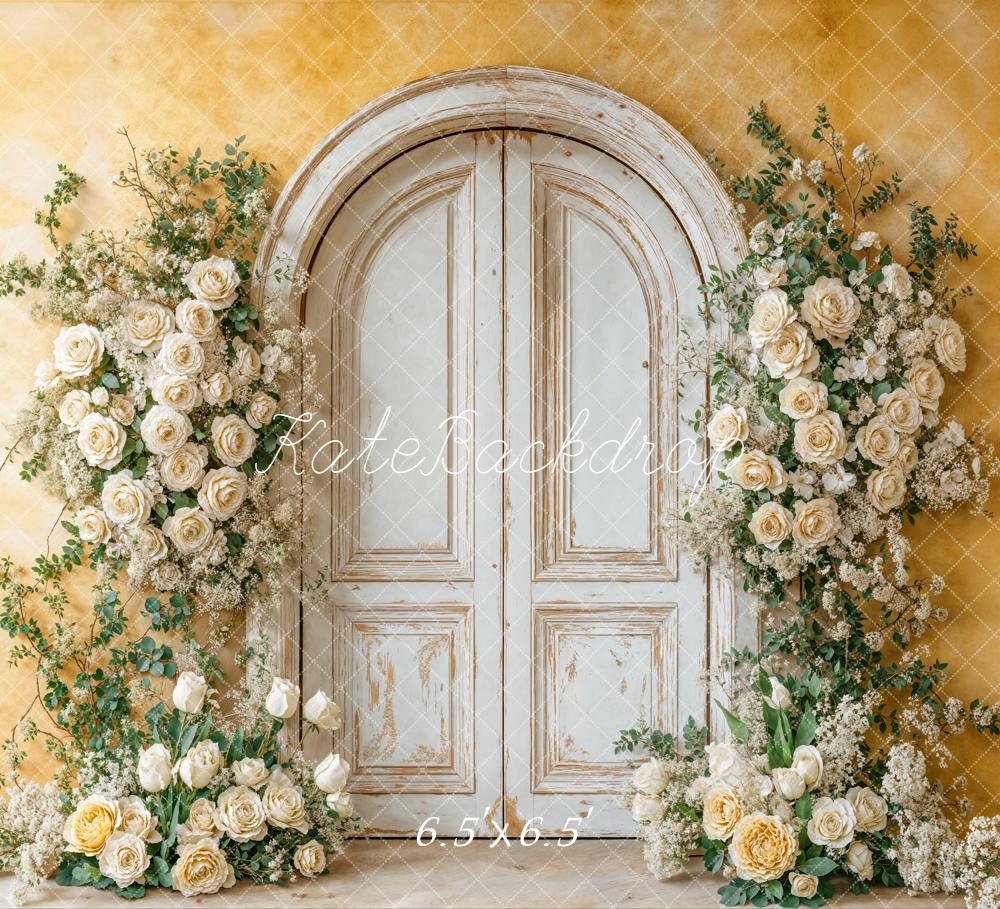 Kate Spring Flower Arch White Vintage Door Yellow Wall Backdrop Designed by Chain Photography