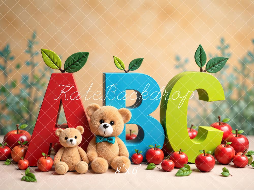 Kate Preschool Kids ABC Apple Teddy Bear Printed Backdrop Designed by Laura Bybee