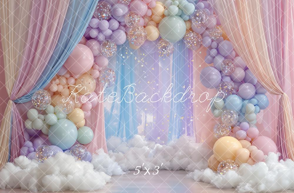 Kate Cake Smash Pastel Balloon Arch Clouds Curtains Printed Backdrop Designed by Ashley Paul