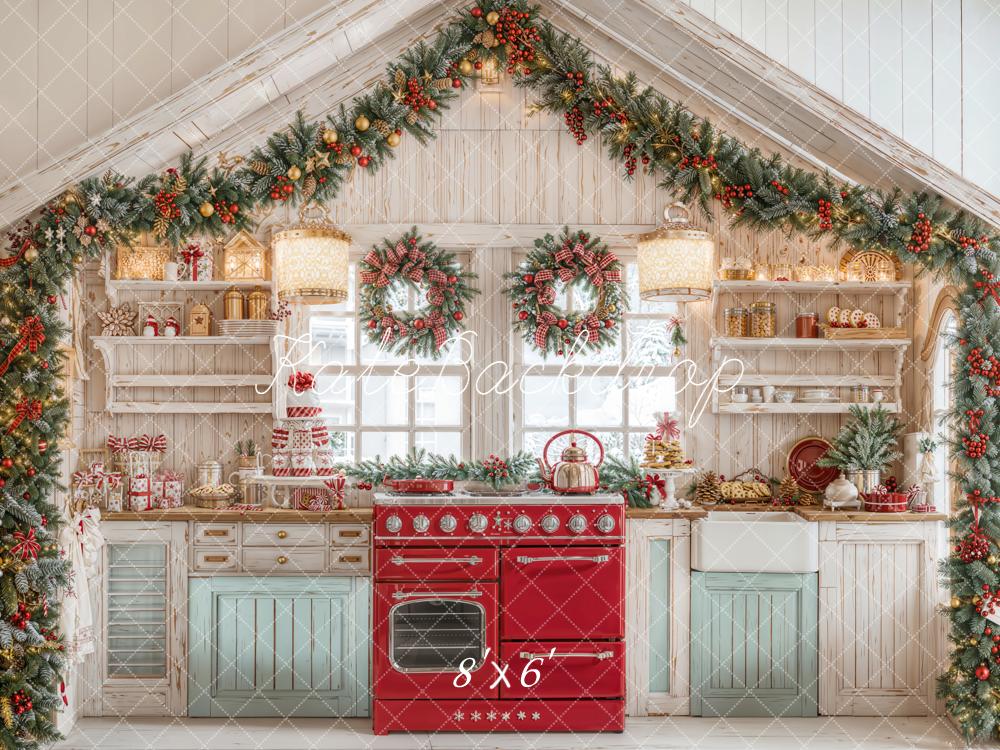 Kate Christmas Kitchen Cabinets Garland Wreath Red Stove Backdrop Designed by Emetselch
