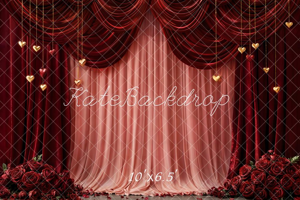 Kate Valentine's Day Red Curtains Pink Drapes Gold Hearts Roses Backdrop Designed by Emetselch