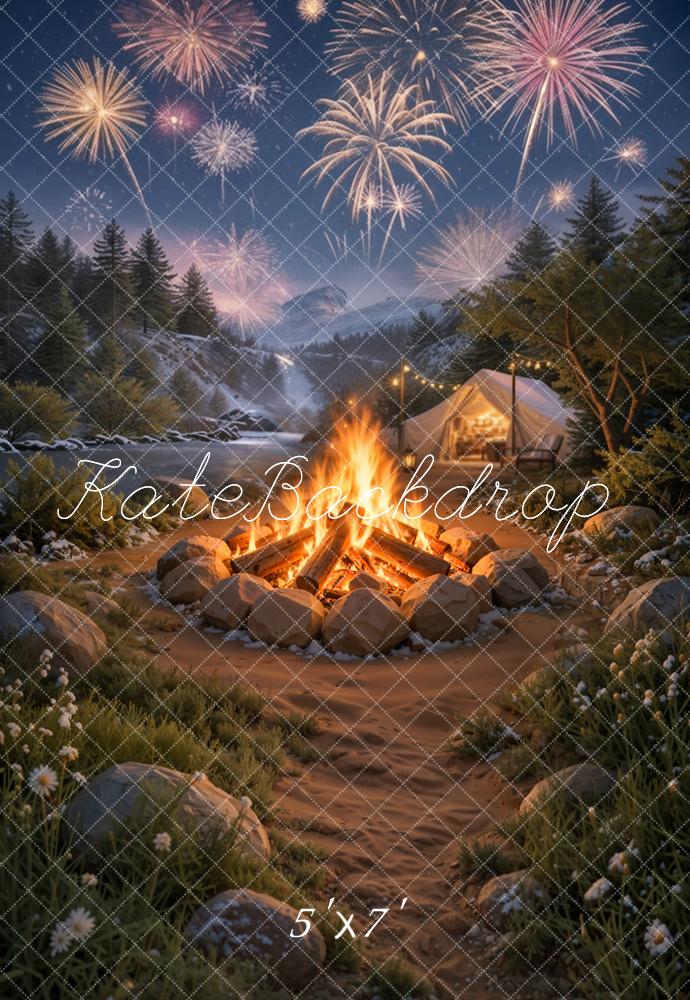 Kate Winter Fireworks Campfire Tent Mountain Camping Printed Backdrop Designed by Emetselch