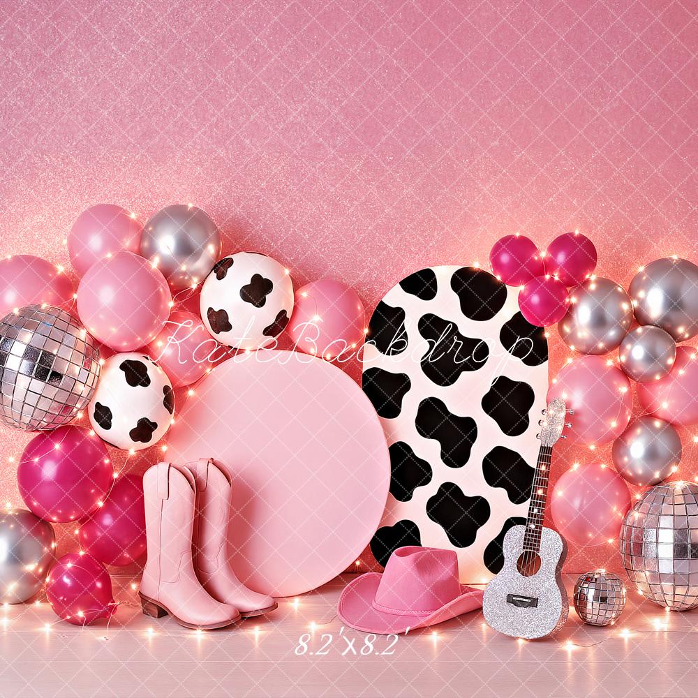 SALE Kate Birthday Cowgirl Pink Balloon Guitar Disco Backdrop Designed by Ashley Paul