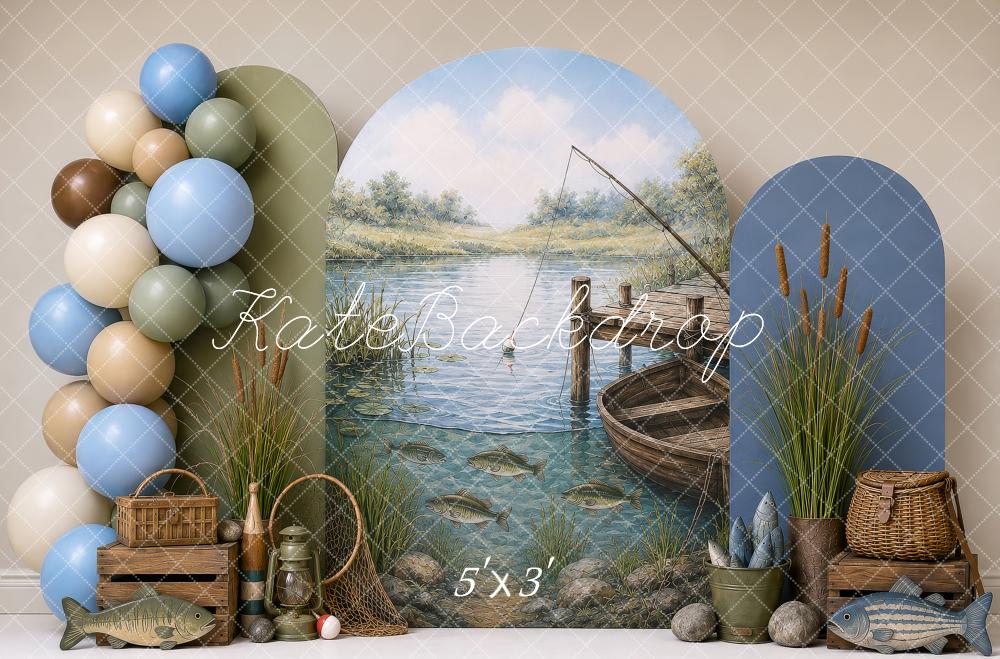 Kate Cake Smash Fishing Dock Boat Lake Scene Printed Backdrop Designed by Shutter Swan Studios