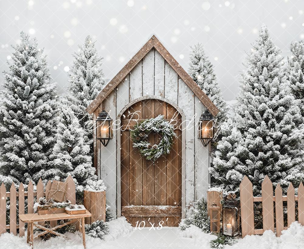 Kerst Winter Cabin Sneeuwige Hek Foto Achtergrond Designed by Emetselch