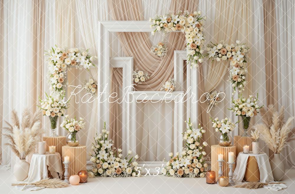 Kate Wedding Flower Arch Frames Candles Beige Drapes Backdrop Designed by Mini MakeBelieve