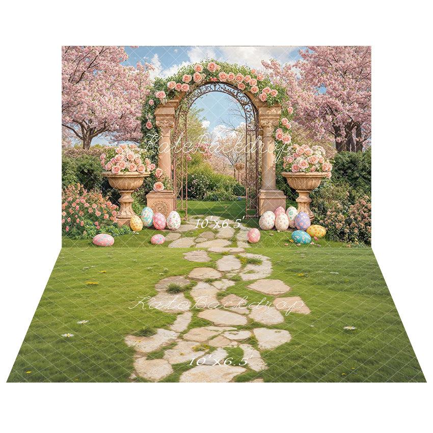 Kate Easter Flower Arch Pastel Eggs Garden Backdrop+Stone Pathway With Daisies On Green Grass Floor Backdrop