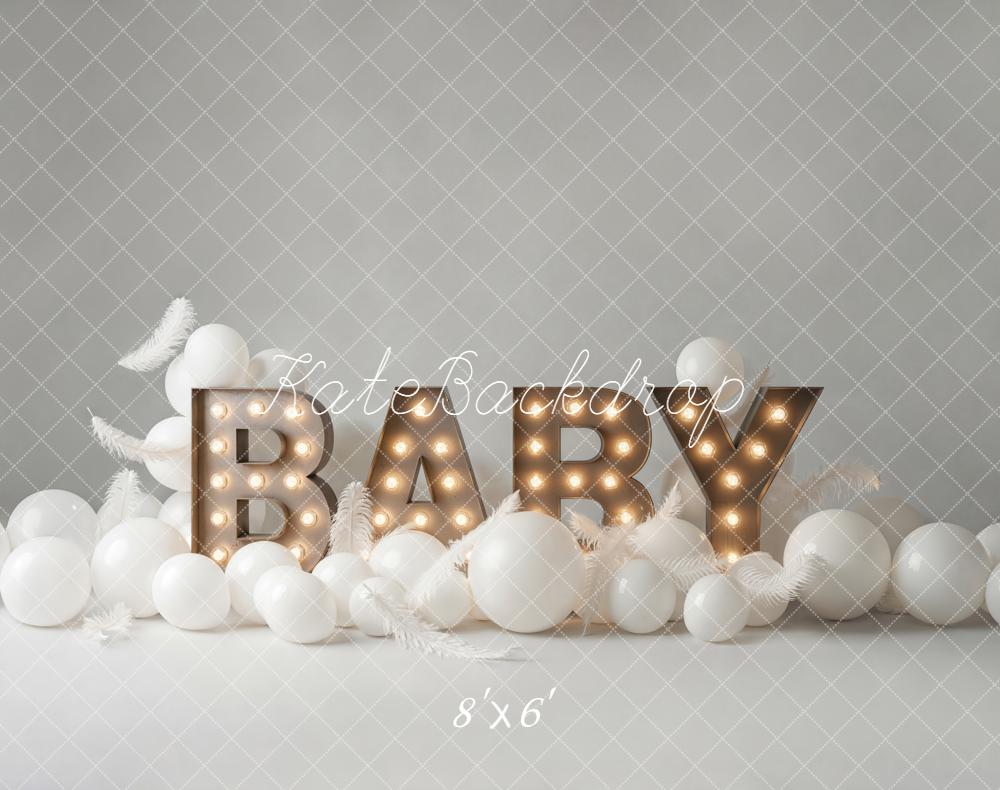 Kate Birthday Baby Marquee Letters White Balloons Feathers Backdrop Designed by Emetselch