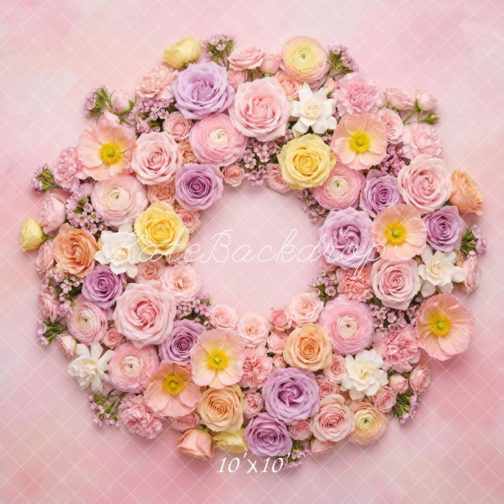 Kate Pink Flower Arch Pastel Floral Wreath Newborn Printed Backdrop Designed by Mini MakeBelieve