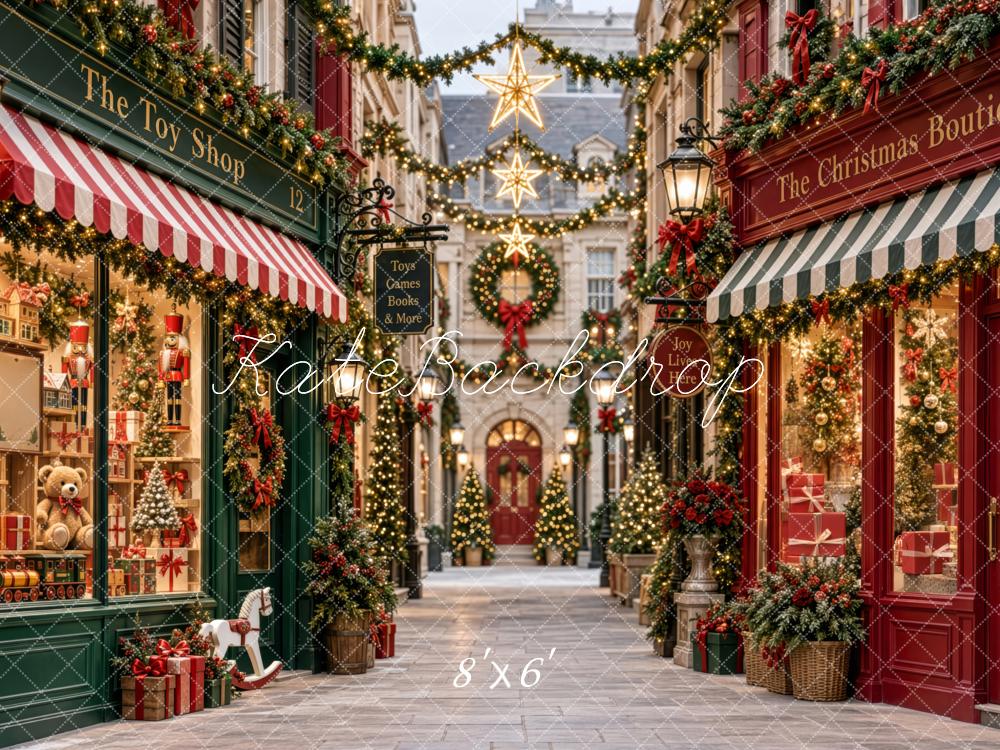 Kate Christmas Toy Shop Street Garland Star Lights Red GreenPrinted Backdrop Designed by Patty Roberts