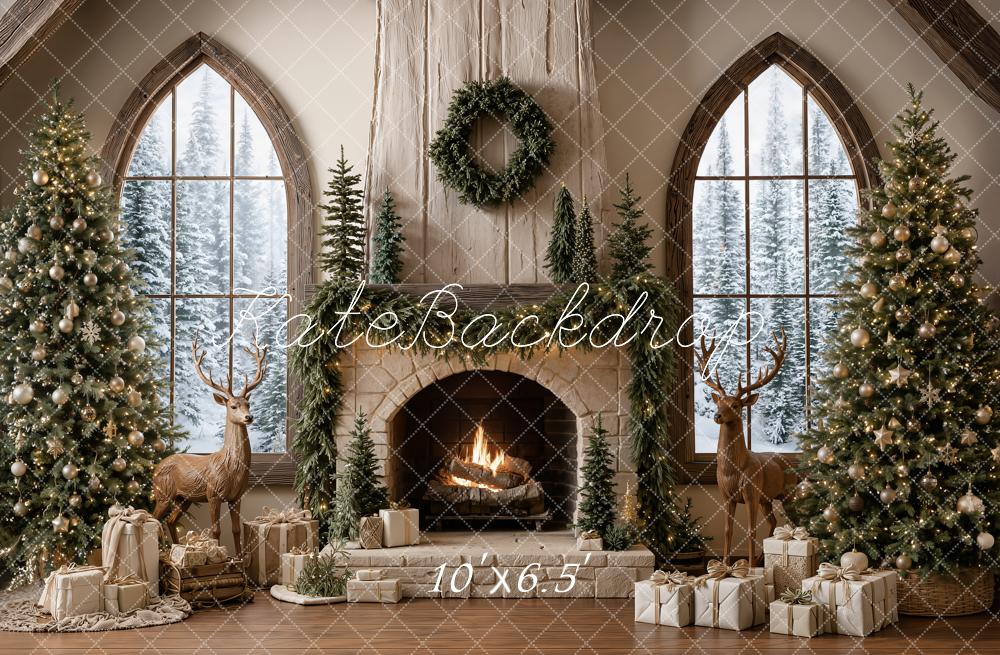 Kate Christmas Fireplace Reindeer Trees Garland Window Presents Printed Backdrop Designed by Emetselch