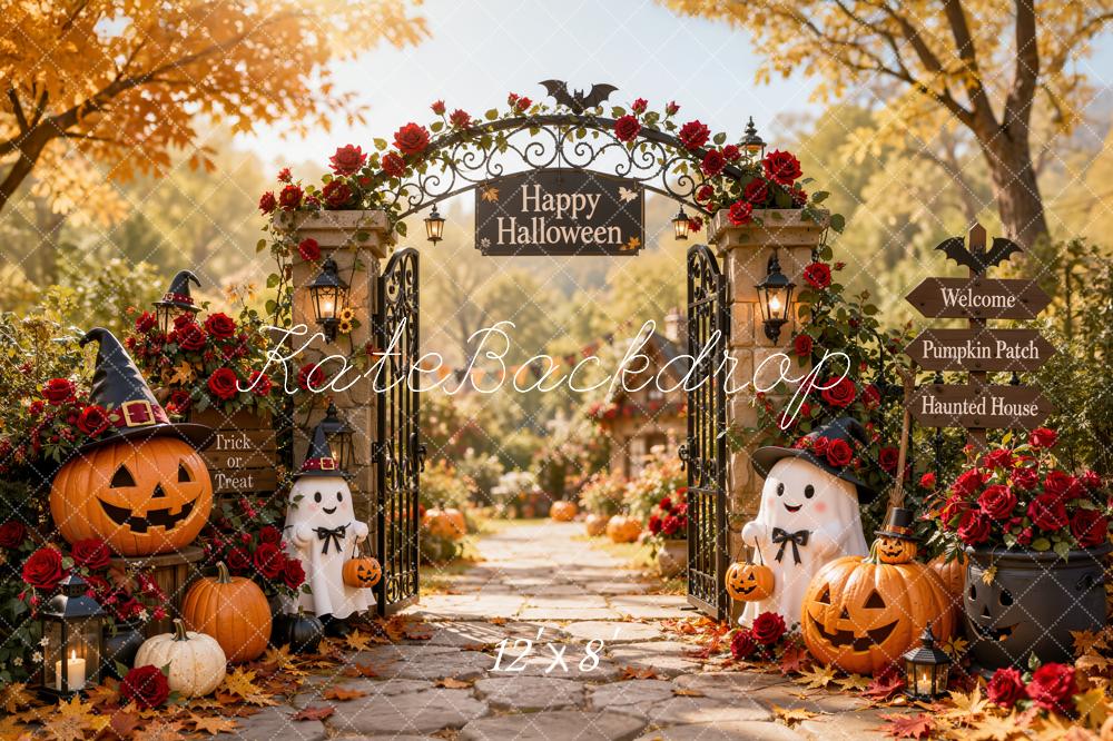 Kate Halloween Rose Garden Gate Ghosts Pumpkin Lanterns Printed Backdrop Designed by Emetselch