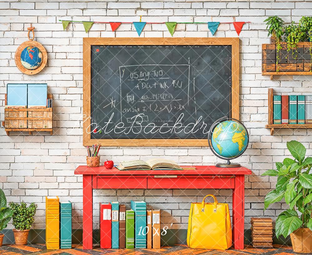 Kate Back To School Blackboard Red Desk Books Globe Backdrop Designed by Emetselch