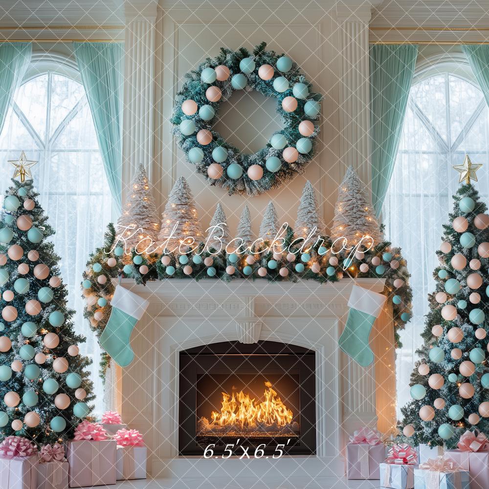 Kate Christmas Fireplace Wreath Pastel Window Backdrop Designed by Mini MakeBelieve