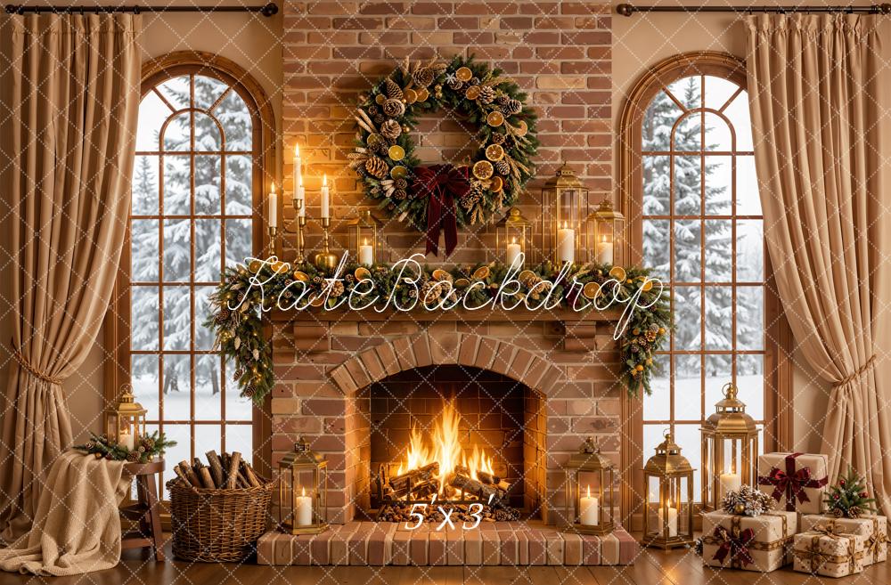 Kate Christmas Fireplace Garland Wreath Brick Wall Printed Backdrop Designed by Emetselch
