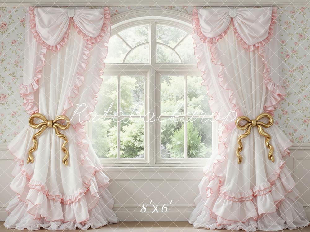 Kate Spring Pink Ruffle Curtains Floral Wallpaper Window Backdrop Designed by Mini MakeBelieve