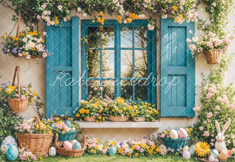 Kate Easter Floral Eggs Blue Window Backdrop Designed by Emetselch