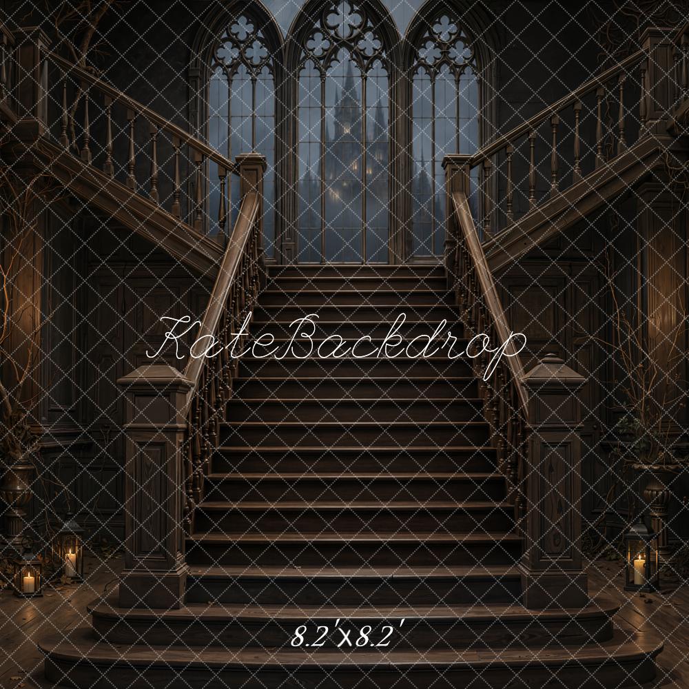Kate Halloween Cascading Stairs Gothic Windows Candlelight Printed Backdrop Designed by Emetselch