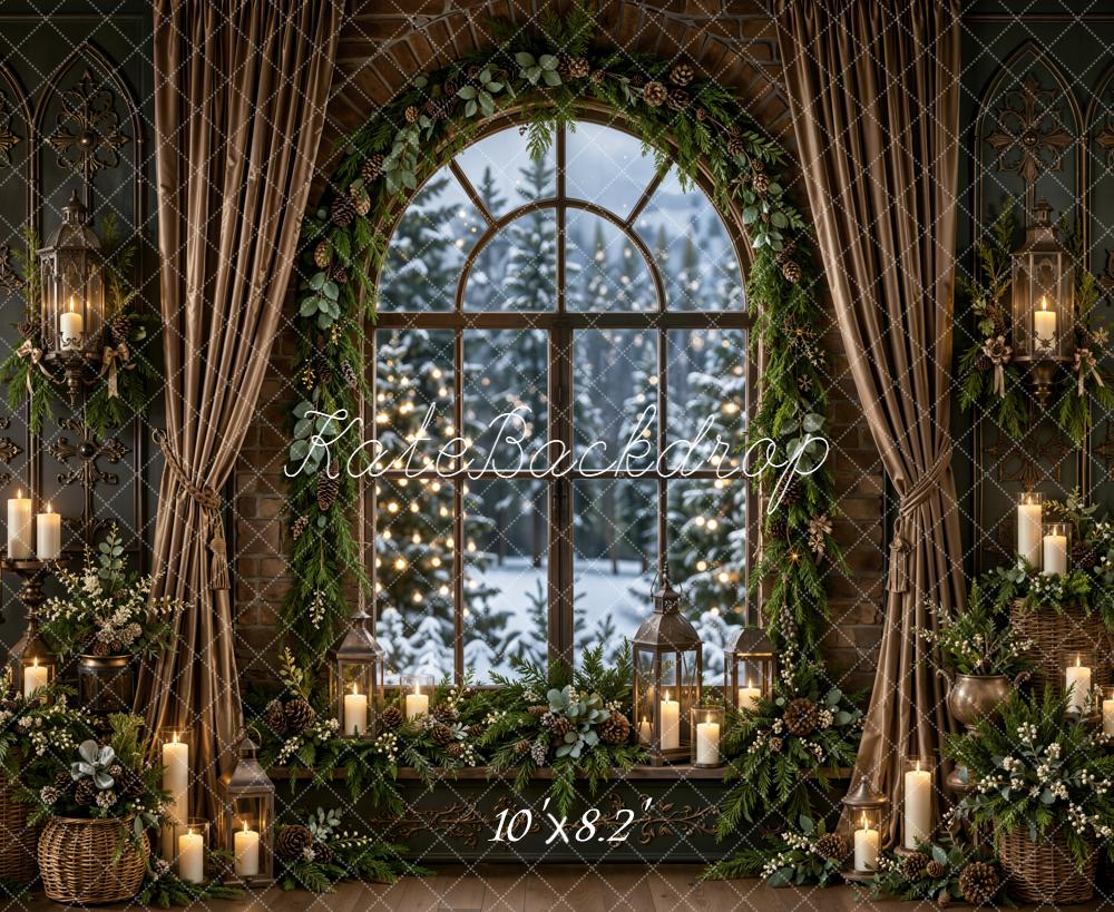 Kate Christmas Arched Window Candle Evergreen Garland Printed Backdrop Designed by Emetselch