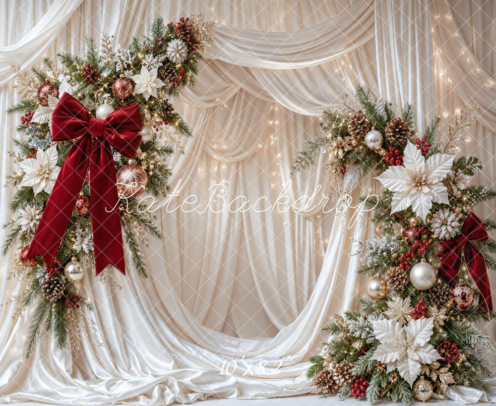 Kate Christmas Pine Garland Red Bow Poinsettia Ivory Drapes Printed Backdrop Designed by Emetselch